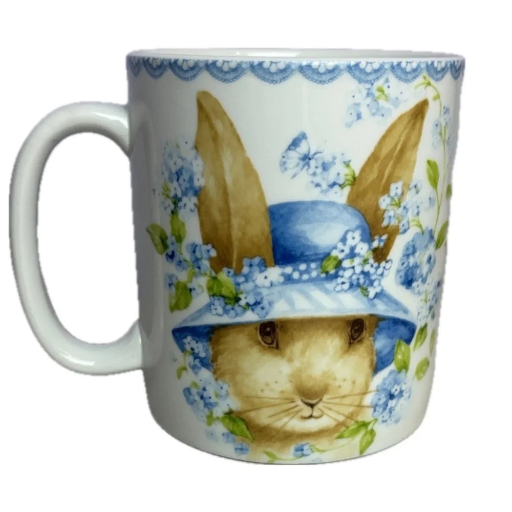 Giant Xl Floral Easter Bluebell Bunny XL Mug with Blue Hat Double Side Design